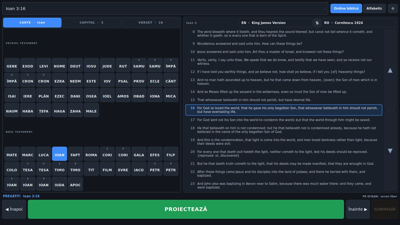 The interface in Romanian while the passage and projection stay in English.